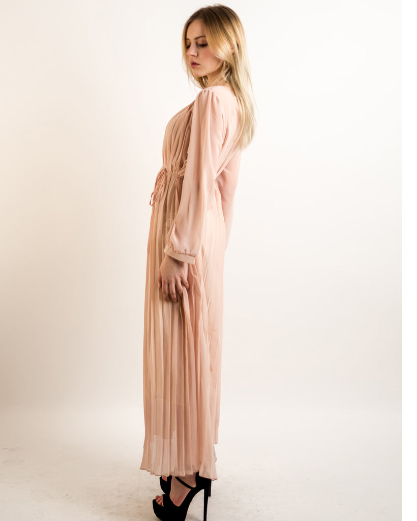 Long sleeves Pleated Maxi Dress (NUDE)