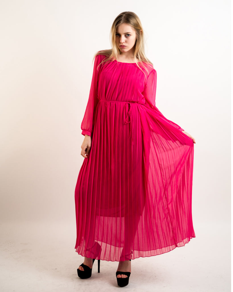 Long sleeves Pleated Maxi Dress (PINK)