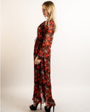Pleated Long Sleeves Maxi Dress (RED LEOPARD PRINT)