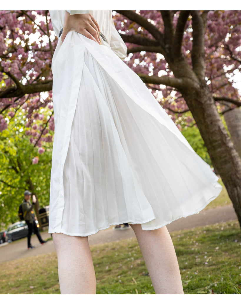 Cotton shirt dress with Pleated  chiffon hem design in white