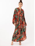 Red Green leaves Scarf print Full pleated long Shirt dress