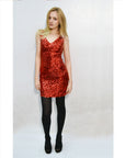 Plain color sequin V neck dress (Red)
