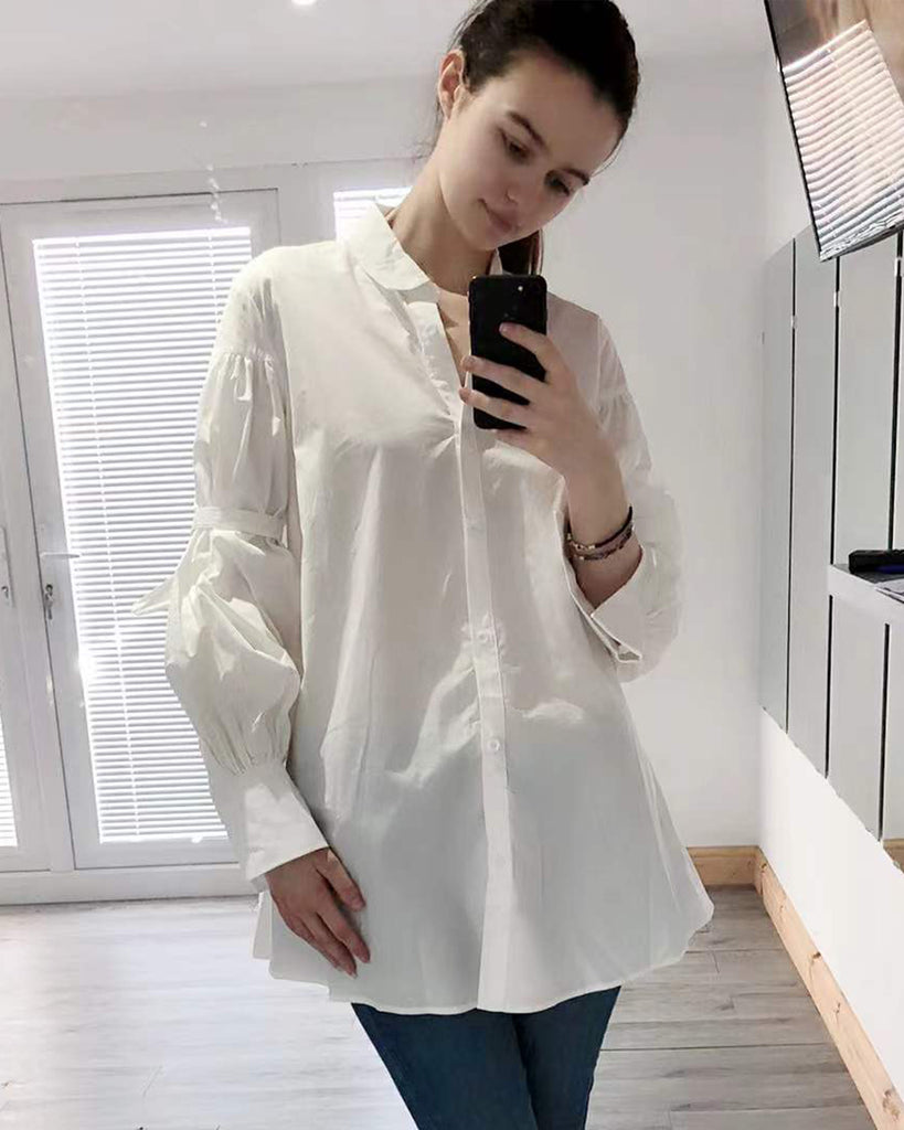 Oversized Ballon sleeves with tie up cotton blend shirt in white
