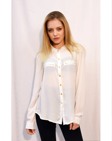 Mandarin Collar Plain color Chiffon Shirt (White)