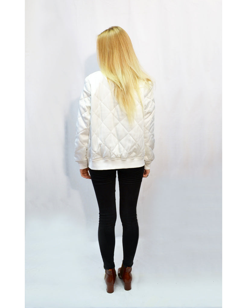 Qulited Satin White Puffer Bomber Jacket