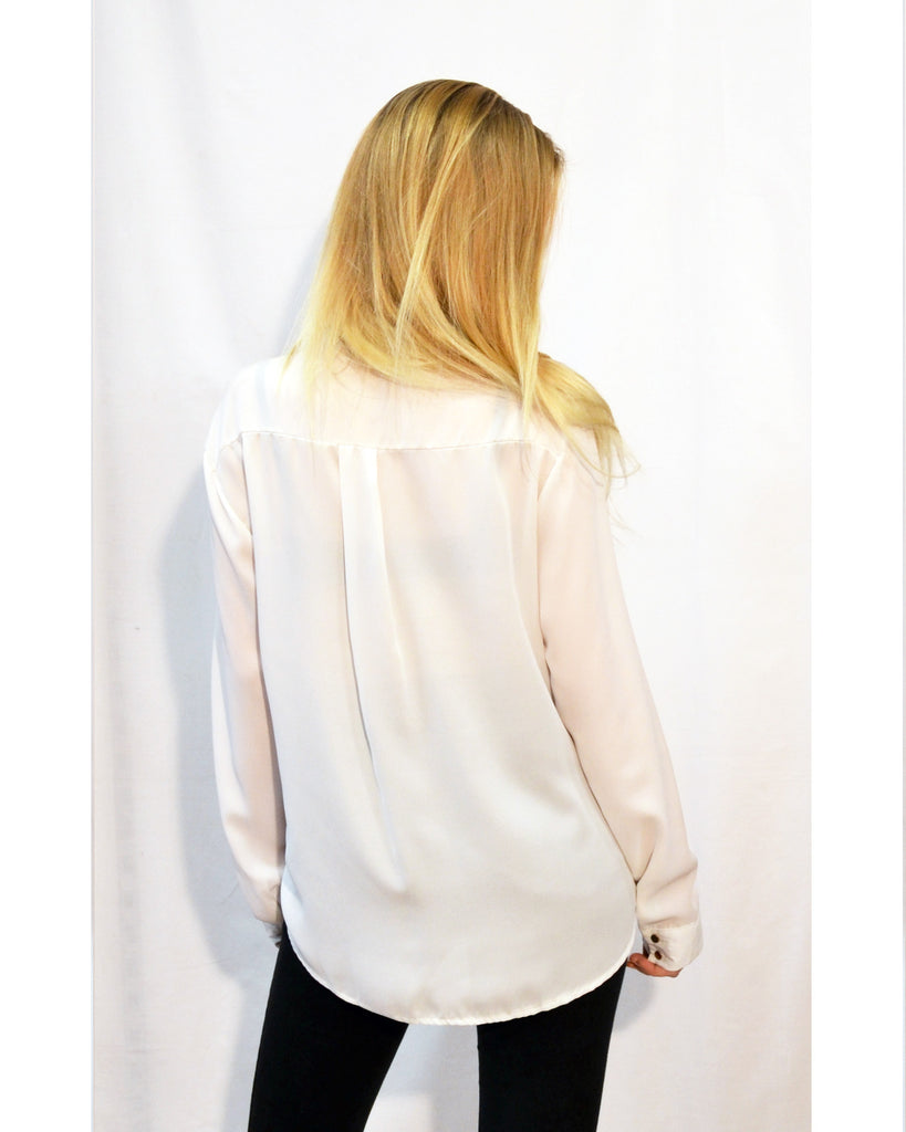 Mandarin Collar Plain color Chiffon Shirt (White)