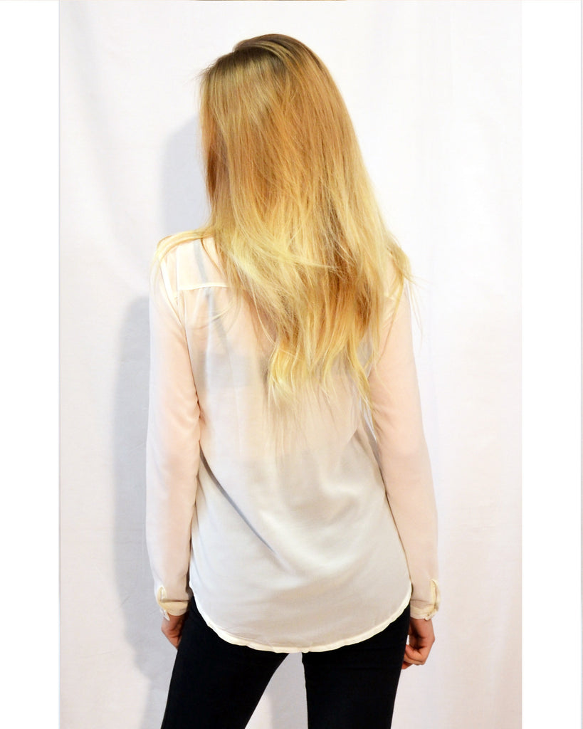 Plain Color Chiffon Shirt with Front Pocket (Cream)