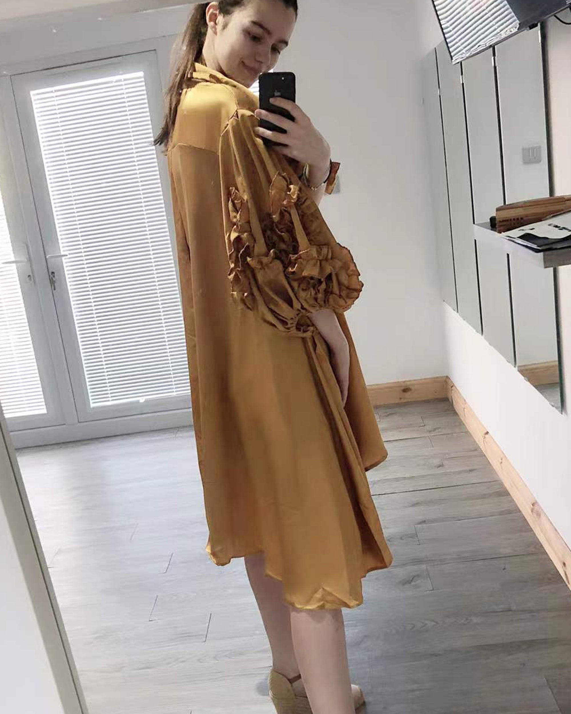 Floral design oversized sleeves shirt dress in Mustard Yellow – CY
